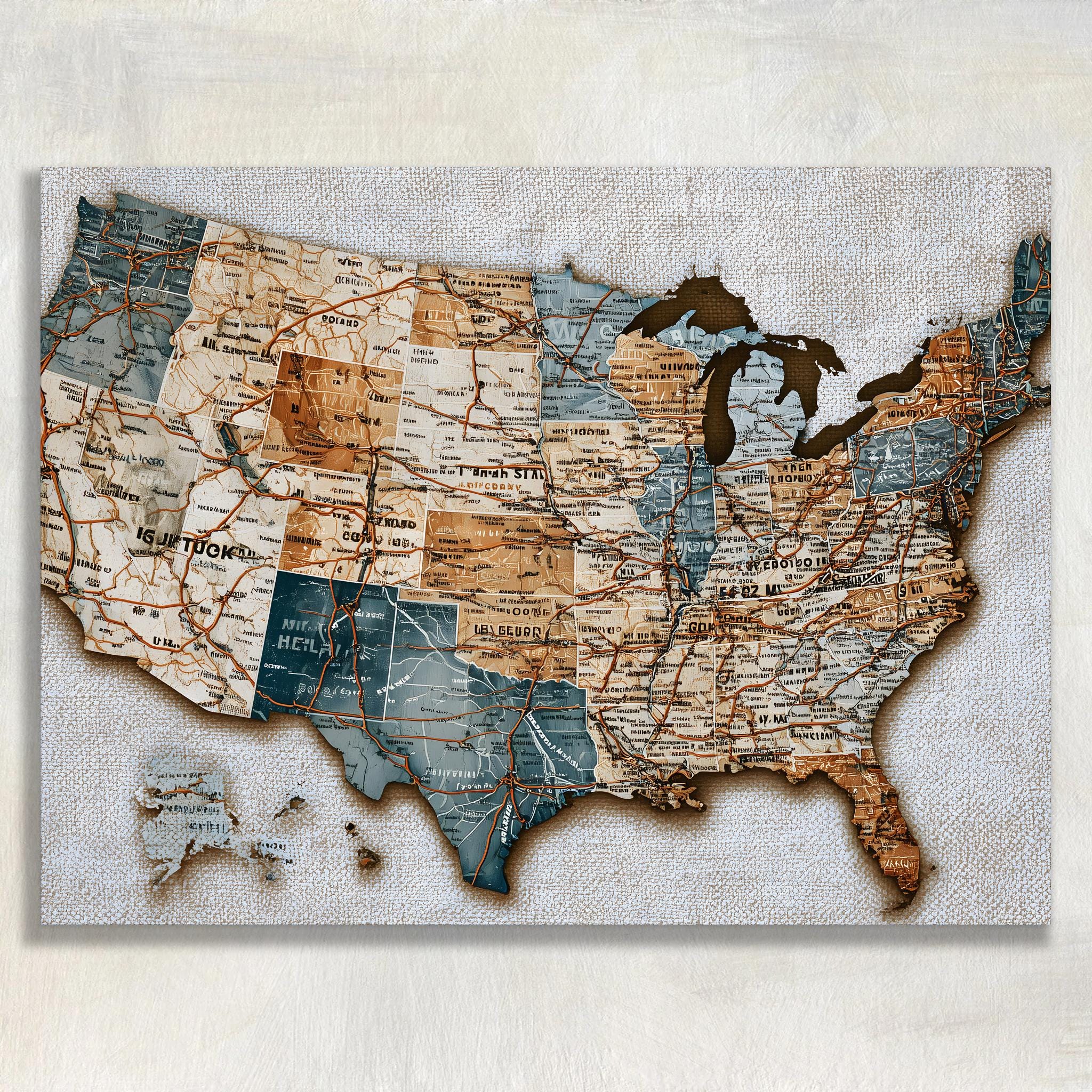 United States Map Canvas Wall Art - Vintage Route 66 Map Print With ...