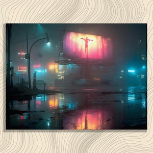 Moody Urban Neon Canvas Wall Art - Cyberpunk Cityscape Painting Rain Painting Reflection Artwork Dark Fantasy Artwork Neon Artwork
