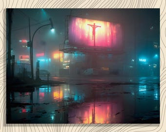 Moody Urban Neon Leinwand Wandkunst - Cyberpunk Stadtlandschaft Gemälde Regen Malerei Reflection Kunstwerk Dark Fantasy Artwork Neon Kunstwerk