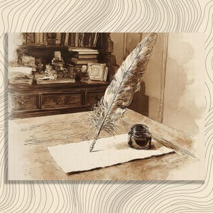 May include: Sepia-toned illustration of a quill pen poised over a blank paper on a wooden desk. An inkwell sits nearby. The background features a dark wooden cabinet with books and decorative items, evoking a vintage aesthetic.