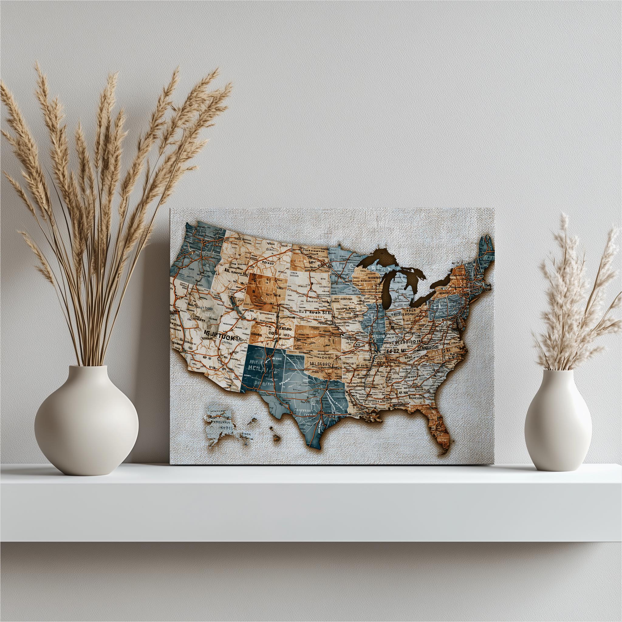 United States Map Canvas Wall Art - Vintage Route 66 Map Print With ...