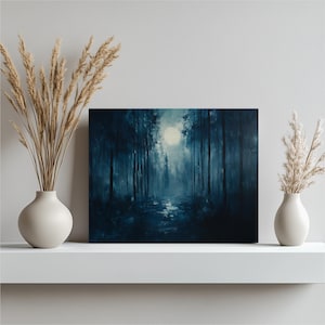 Moonlit Forest Night Canvas Wall Art Print - Eerie Mystical Misty Moonlight Landscape Painting for Home Decor, Nature Lovers Gift Idea