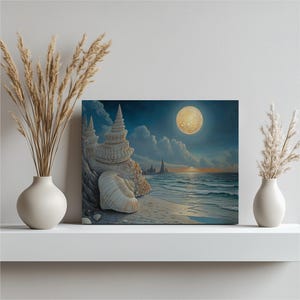 Beach Seashells and Moon Canvas Wall Art - Serene Ocean Scene Coastal Decor for Beach Lovers, Seashell Art, Perfect Tropical Wall Hanging