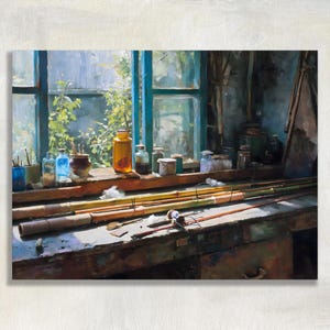 Fly Rod Builder Workshop Canvas Wall Art, Bamboo Fishing Rod Bench Oil Painting, Rustic Cabin Decor for Anglers and Makers Print