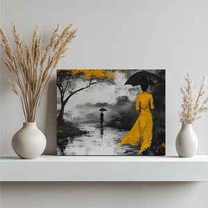 Autumn Umbrella Canvas Wall Art Print - Monochrome Landscape Painting with Vibrant Yellow Figures, Modern Decor, Unique Gift for Art Lovers