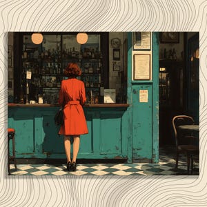 May include: An artistic illustration of a person in a red coat standing at a teal bar. The bar is in front of a window with bottles. The floor has a black and white checkered pattern. A black purse hangs from the person's arm.
