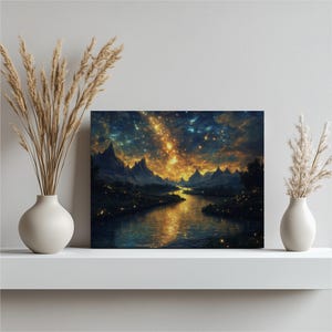 Cosmic River canvas wall art, Abstract Surreal Horizon Stream Display Interior Home Illusion Artwork Gift Vibrant Aesthetic Decor, Fine Art