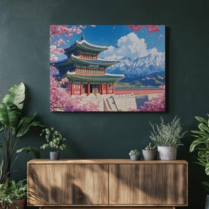 South Korea canvas wall art, Gyeongbokgung Palace print vibrant Seoul decor cherry blossom mountains, Decoration for Home, Office or Bedroom