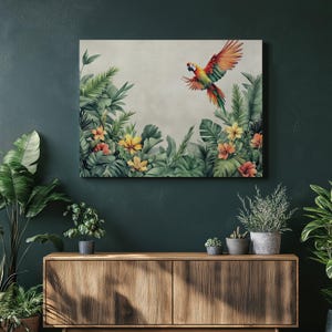 Vibrant Parrot Canvas Art Print - Exotic Bird Painting for Tropical Wall Decor - Botanical Rainforest Nature Wall Art Gift and Home Decor