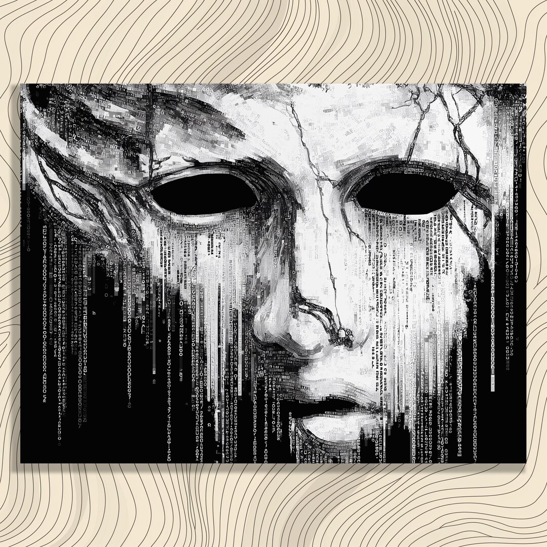 Dark Hacker Mask Canvas Wall Art – Binary Code Face Cyberpunk Digital ...