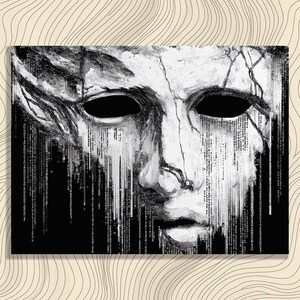 May include: Monochrome artwork depicting a face mask with a cracked appearance. The mask features hollow eye sockets and detailed facial features. Vertical lines of binary code descend on the left, creating a digital effect.