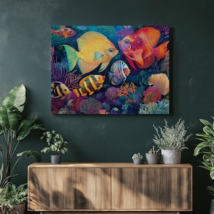 Pintura de parede em tela subaquática vibrante com peixes tropicais e decoração de impressão de recife de coral - presente de arte oceânica perfeito para sala de estar