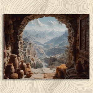 May include: An artistic print of a mountain village scene viewed through a stone archway. The foreground features various brown pottery vessels and baskets filled with grains. The background shows a valley and snow-capped mountains under a blue sky.
