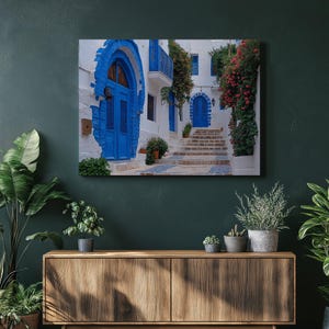 Sidi Bou Said Tunisia Canvas Wall Art – Mediterranean Alleyway with Blue Doors White Buildings, Coastal Décor for Living Room Hallway