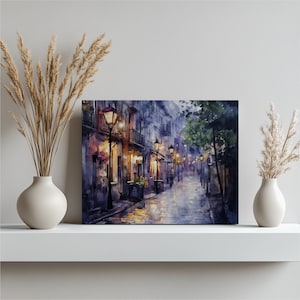 Cobblestone Wall Art Street Art City Lights Urban Decor Street Decor Night Scene Landscape Lamp Post Watercolor Home Decor Wall Decor