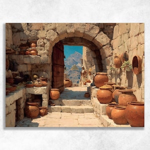 May include: An artistic rendering of an ancient stone archway leading to an outdoor scene. The walls are lined with terracotta pots and vessels. The scene includes a wooden door, steps, and a view of mountains and a town.