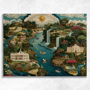 May include: A detailed landscape illustration featuring a river, waterfalls, and various buildings. The artwork showcases a vibrant color palette with shades of blue, green, and brown. Boats and animals are also depicted, with a sun in the sky.
