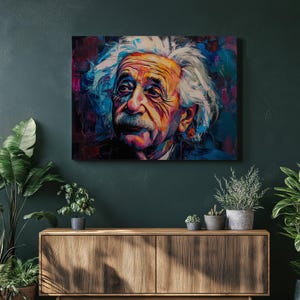 Albert Einstein canvas wall art, iconic physicist portrait, vintage oil style, educational decor, scientific genius illustration for home or