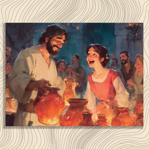 Biblical Stories Canvas Wall Art - Miracles of Jesus Water Into Wine Wedding at Cana Painting Print Christian Gift Decor Jesus of Nazareth