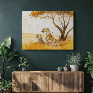 Contemporary Watercolor Cheetah Mother Cub Canvas Wall Art - Golden Grassland Wildlife Nature Painting for Living Room Home Decor