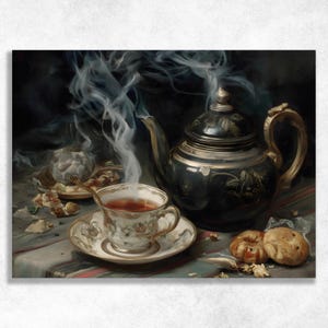 May include: A still life painting depicting a cup of tea, a teapot, and baked goods. The teacup and saucer are white with floral patterns. The black teapot has gold detailing. Steam rises from the tea. The scene is set on a patterned tablecloth.