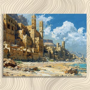 Yemen Canvas Wall Art, Nostalgic Ancient Skyscrapers Painting, High Detail Cinematic Yemen Market Poster, Realistic High Resolution Artwork