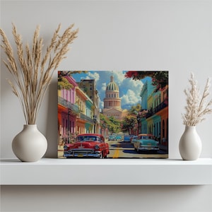Cuban Canvas Wall Art - Vibrant Street Scene with Classic Cars Colonial Buildings, Colorful Cuba Decor for Home, Office, Bedroom