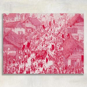 May include: A red and white print depicting a bustling street scene with numerous figures, buildings, and flags. The artwork showcases a detailed illustration of a crowded marketplace or festival, with a vintage aesthetic.