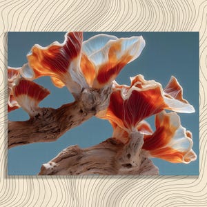 May include: An artistic composition featuring a close-up of a natural, abstract form. The image showcases a light-colored, weathered wooden structure with vibrant, translucent, orange and white petal-like elements against a blue background.