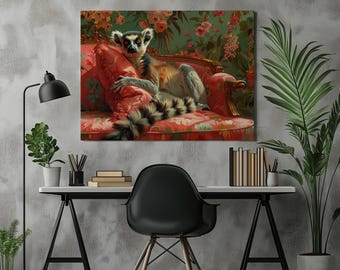 May include: A lemur sits on a red and floral patterned armchair with a green and floral background. The lemur has black and white stripes and is looking directly at the viewer.