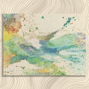 May include: Abstract art print featuring a colorful composition of dots and splashes in shades of green, blue, yellow, and orange. The artwork has a textured appearance and is set against a cream-colored background with subtle linear patterns.