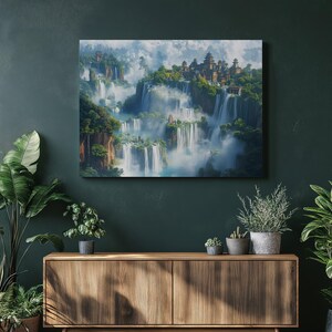 Serene Waterfall Landscape Canvas Art, Floating Islands Fantasy Villages on Lush Green Hills – Nature Inspired Home Wall Decor