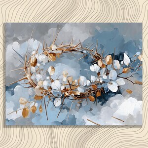 May include: An abstract painting of a crown of thorns with gold and white leaves. The crown is set against a backdrop of blue and gray clouds, creating a serene and spiritual atmosphere. The artwork is a blend of natural elements and abstract expression.