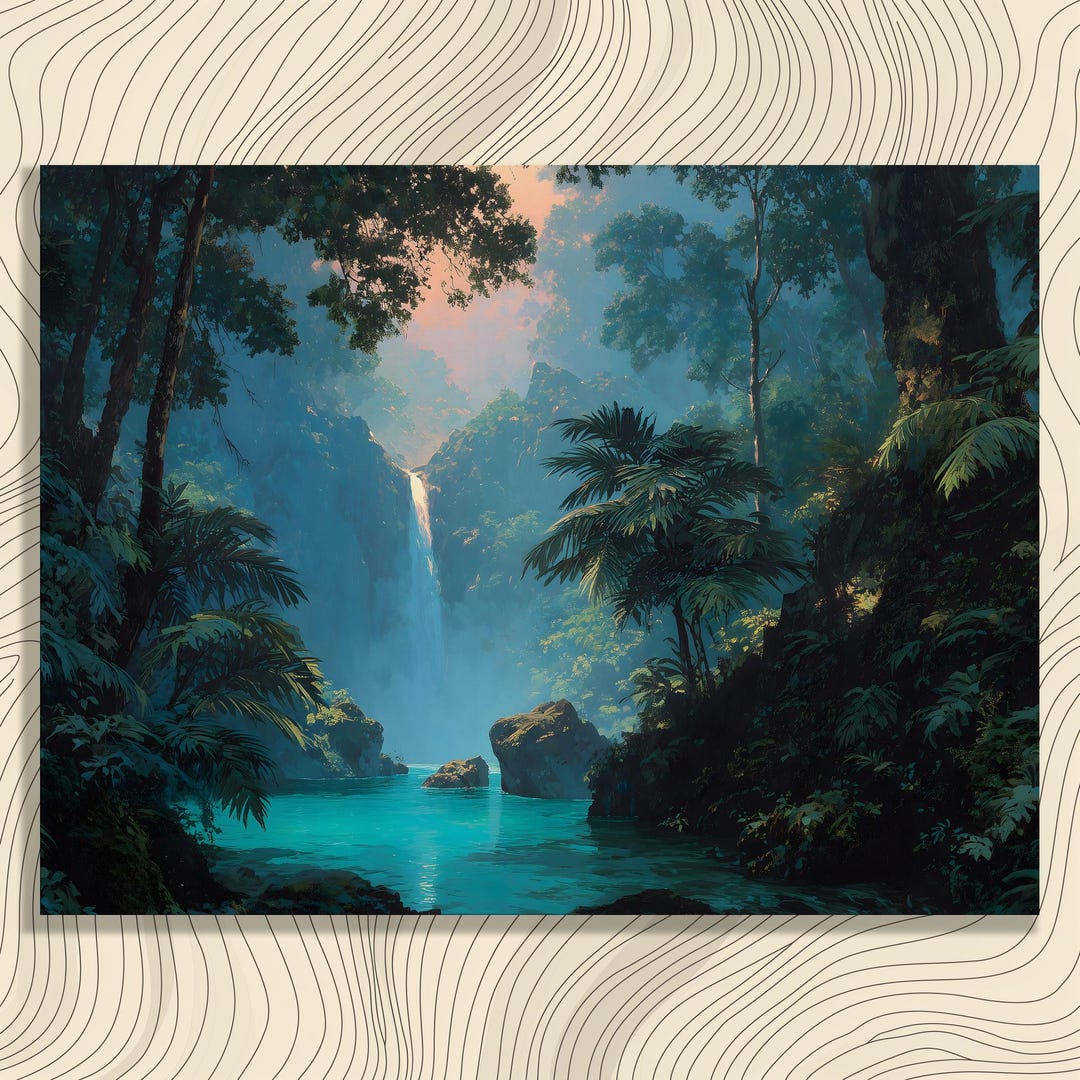 Tropical Waterfall Lagoon Canvas Wall Art – Rainforest Jungle Landscape ...
