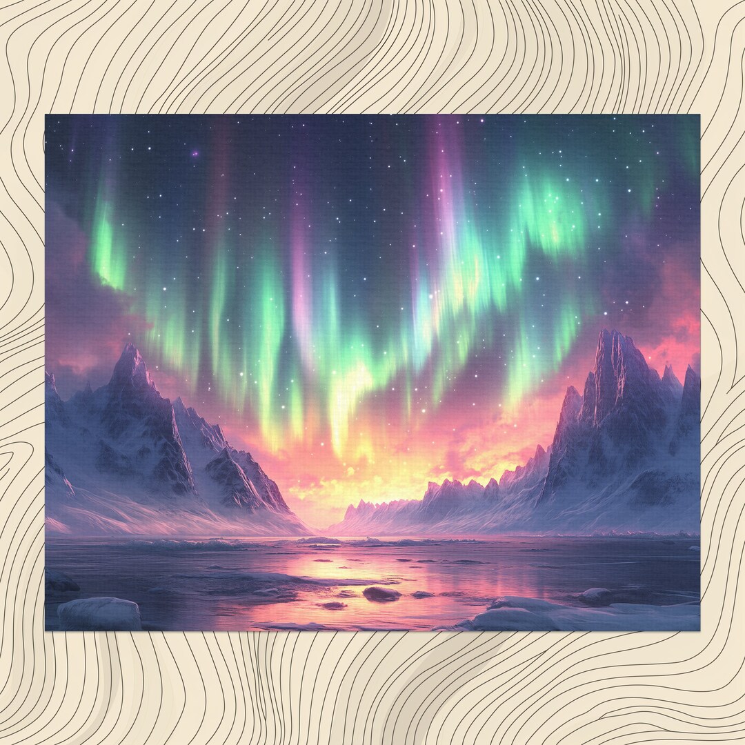 Northern Lights Landscape Canvas Wall Art, Aurora Borealis Over Frozen