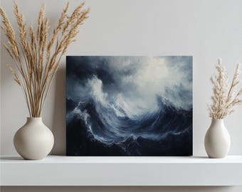 Stormy Sea Seascape Canvas Wall Art – Dark Blue Abstract Waves Painting, Modern Nautical Ocean Decor for Living Room, Bedroom or Office