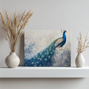 Vibrant Peacock Foliage Canvas Wall Art – Majestic Blue Green Bird Ink Painting, Nature Decor for Living Room Bedroom Office