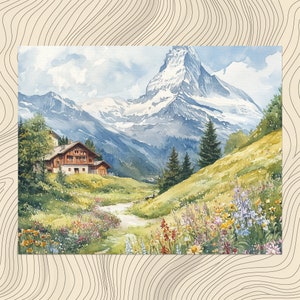 Switzerland Canvas Wall Art Matterhorn Swiss Chalets Alpine Meadows Art Print Scenic, Home Office Living Room Entrance or Hallway Decoration