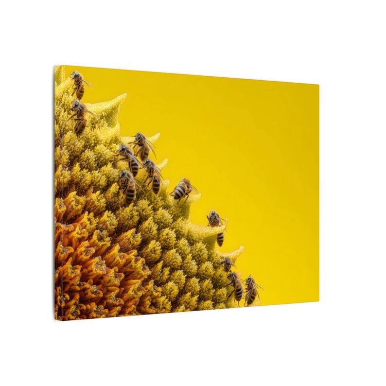 Sunflower Bees Macro canvas wall art – Vibrant nature photography pollination closeup yellow flower wildlife print colorful macro canvas image 9