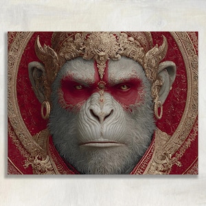 May include: A digital art print of a monkey with a regal appearance. The monkey has a gray face with red markings around the eyes and on the forehead. It wears a gold crown and earrings, set against a red background.