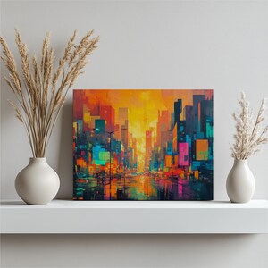 City Skyline Canvas Wall Art - Geometric Neon Urban Decor Painting Print, Perfect Gift for Home Office, Cityscape Art Print on Canvas