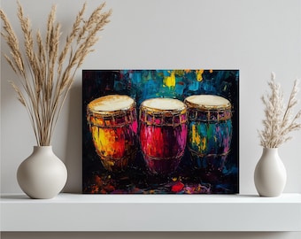 Conga drums canvas wall art - colorful percussion painting for music lovers, vibrant latin rhythm decor, contemporary musician gift