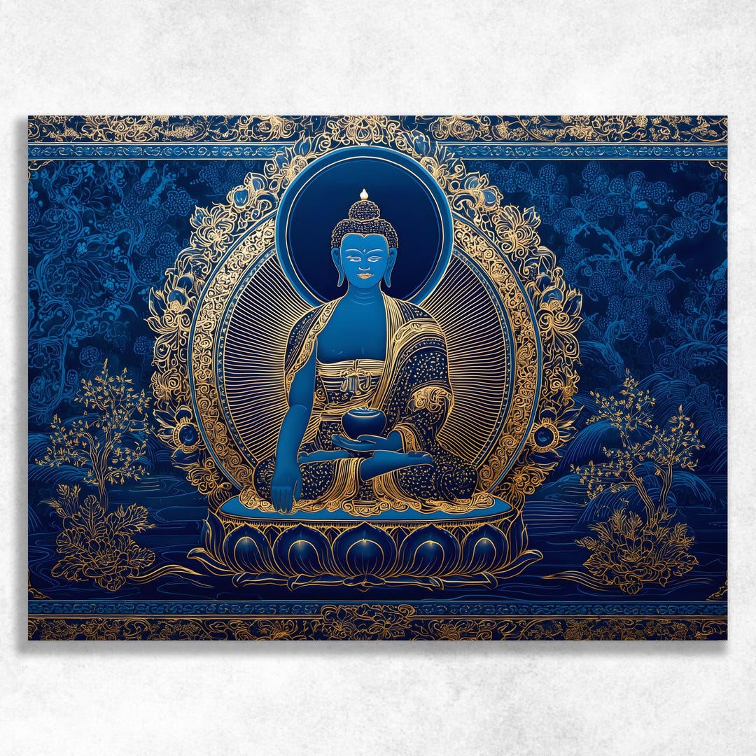 Buddha Canvas Wall Art - Deep Blue Thangka Meditation Print Sacred Gold ...
