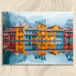 Colorful House Reflection Canvas Wall Art – Misty Forest Lake Reflection Painting Print for Nature Lover Gift Interior Accent