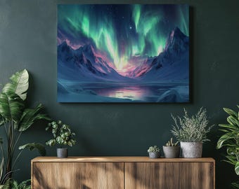 Könnte beinhalten: Leinwanddruck, der ein lebhaftes Nordlicht über einer schneebedeckten Bergkette und einem ruhigen See zeigt. Das Kunstwerk zeigt Farbtöne von Grün, Rosa und Lila am Himmel, wobei sich die Berge und der See in der farbenfrohen Darstellung spiegeln. Das Gesamtthema ist eine Landschaft.