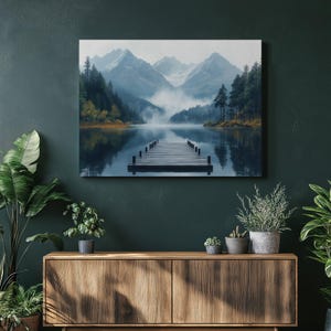 Mountain Lake Dock Canvas Wall Art Serene Reflection Decor for Living Room, Relaxing Art for Livingroom, Office, Hallway, Toilet or Bedroom