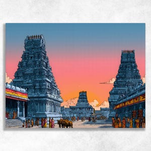 Cuadro decorativo de pared en lienzo con imagen de un templo indio al atardecer - Ilustración de un gopuram del sur de la India - Impresión artística de la arquitectura espiritual hindú - Regalo artístico