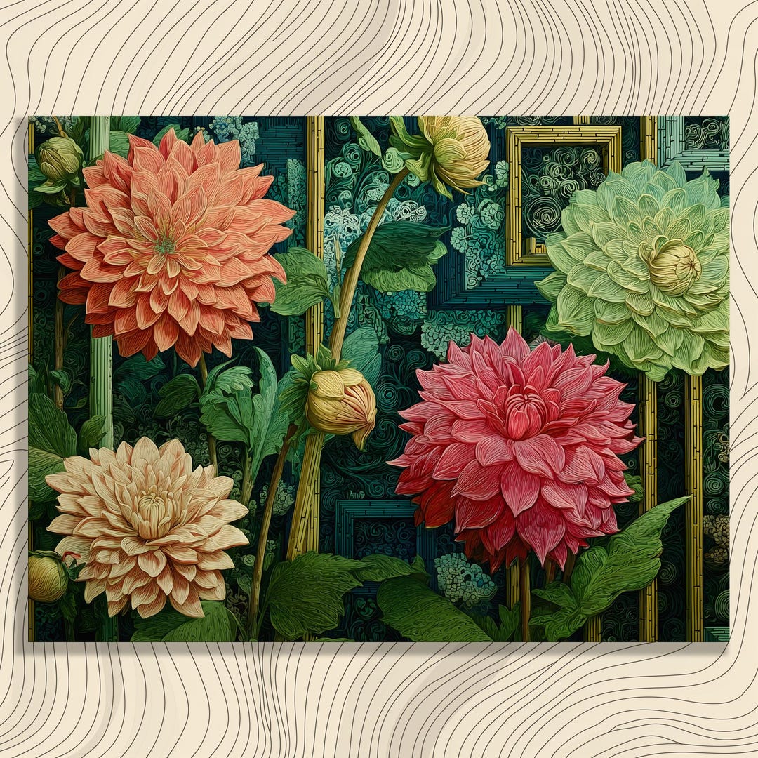 Dahlia Botanical Garden Canvas Wall Art - Lush Floral Illustration With ...
