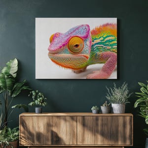 Chameleon Canvas Wall Art, Colorful Reptile Painting Print, Vibrant Nature Animal Artwork for Home Decor, Unique Exotic Texture Art Poster