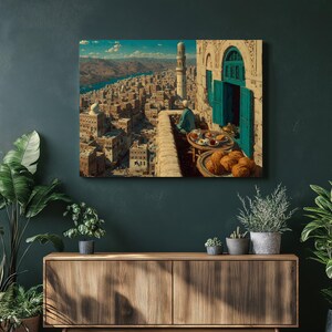 Oil painting style Sanaa print with turquoise window trim and warm cinematic light.